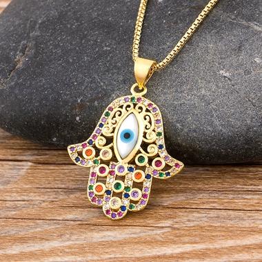 Nidin Hot Sale Women Men Hamsa Hand Necklace Gold Plated Copper Zircon Evil Eye Pendant & Chain Hip Hop Turkish Luck Jewelry