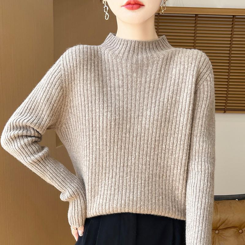Women's Wool Ribbed Knit Sweater, Half-High Neck, Slimming Base Layer for 2024 Autumn/Winter.