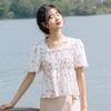 Age-reducing short Spice Girl square collar coffee break light-colored new horn sleeves slim casual French casual short-sleeved top summer