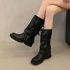 Nische Retro Dicke Ferse Mittelhohe Stiefel Western Cowboy Stapelstiefel Ritterstiefel Frühherbst Martin Stiefel Damenstiefel