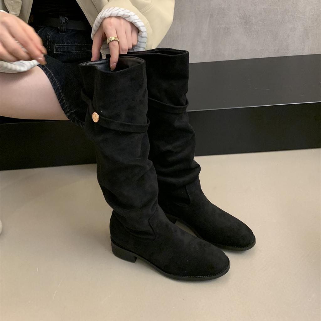 Suede Skinny Boots Khaki Pile Knight Boots Women'S Autumn And Winter Skinny Tall Heel Long Boots