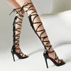 Gladiator Heels Sandals Woman Leather Shoes Sexy Lace Up Criss Cross Strappy Stiletto Square Toe Summer Knee High Footwear