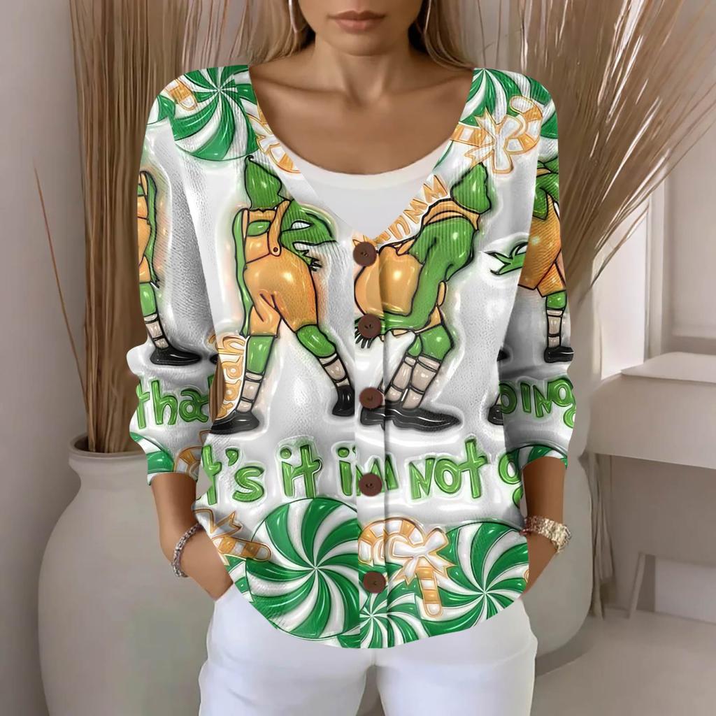 Women's Fashion Casual Knit Sweater Button-Up Christmas Print Cardigan Jacket