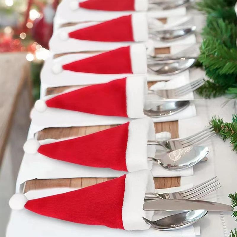50Pcs 8cm Christmas Decoration Tableware Holder Xmas Hat Fork Knife Cutlery Bag Xmas Home Decor Party New Year 2025 Navidad