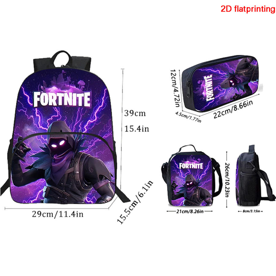 FORTNITE 3Pcs School Kit Lightweight Backpack Front Pocket Lunch Pouch Pencil Bag For Kids Age 6-10,Free 3D Printed Keychain