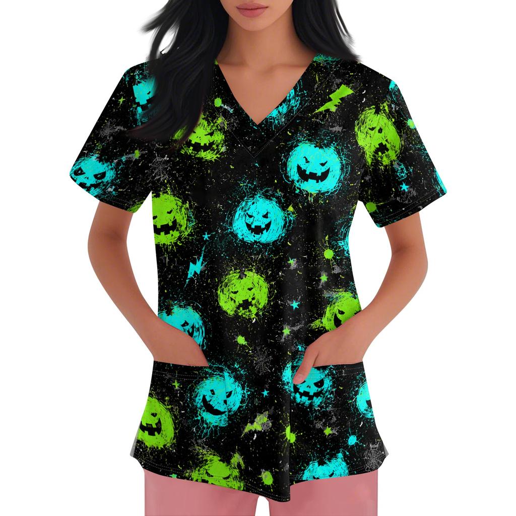 Women's short-sleeved Halloween print V-neck pocket protective work shirt