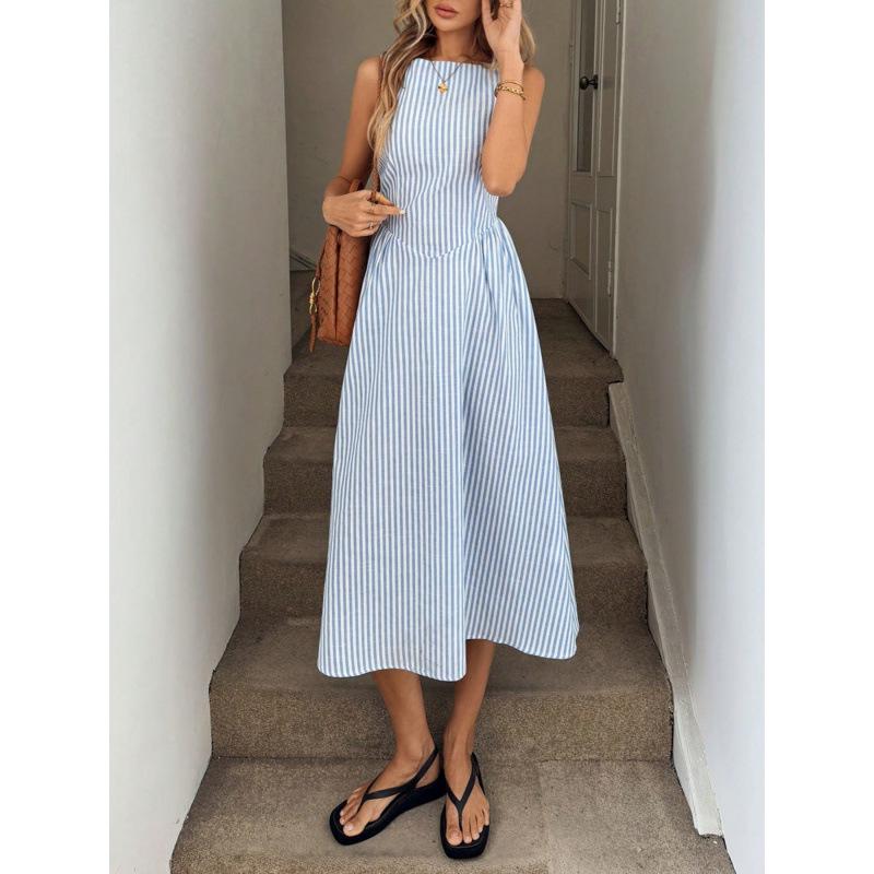 

2026 Spring/Summer Women s Casual Sleeveless Pocket Stripe Dress XXXL небо синє кольору