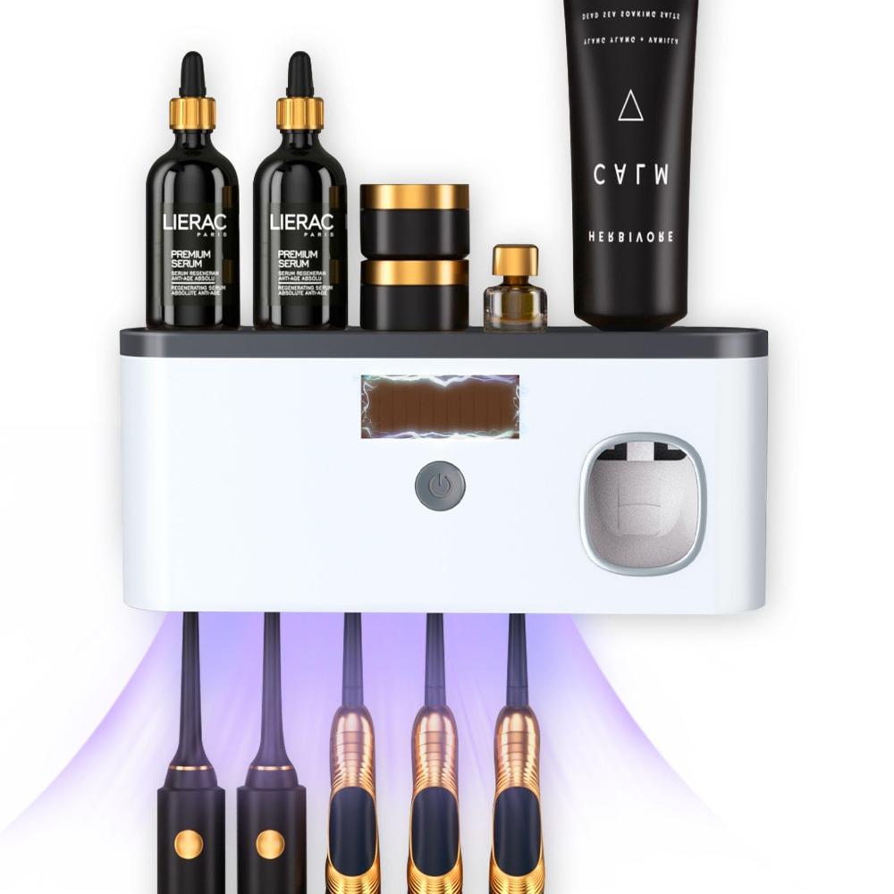 Wall Mounted Toothbrush Holder for Bathroom Solar Charging 5 Brush Slots Electric Toothpaste Dispenser No Drilling