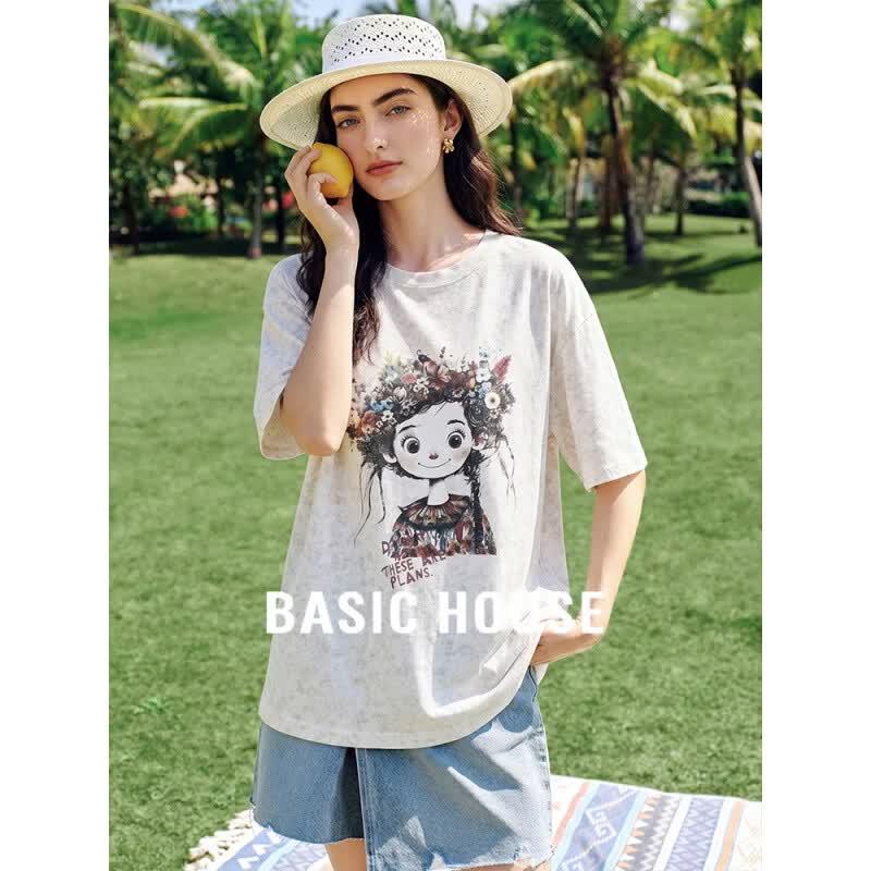 Basic House Women s Printed Loose Fit T-Shirt ONE SIZE