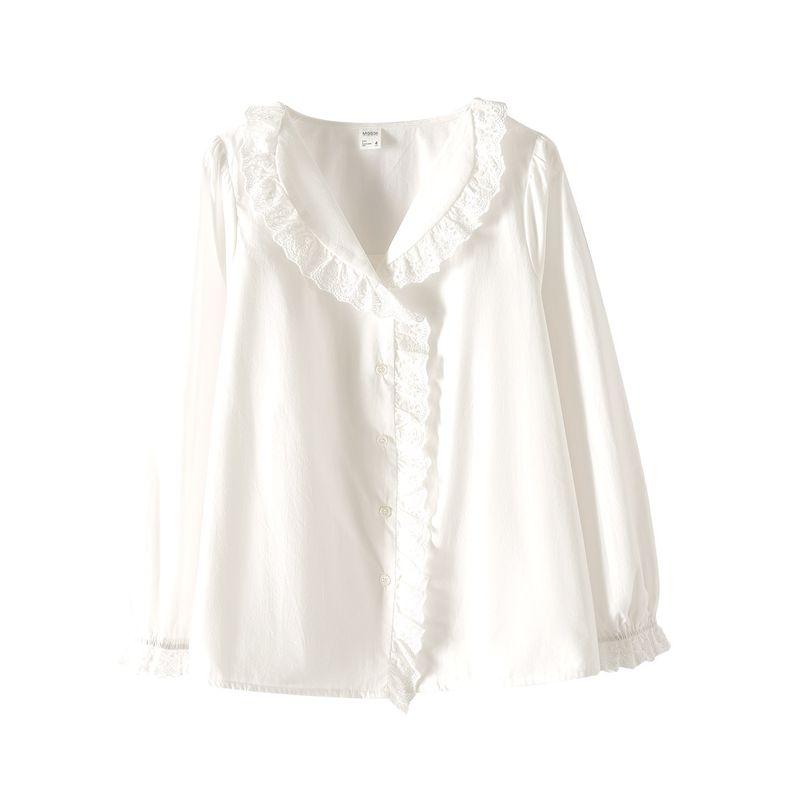 

Plus-Size Women s Clothing [Korean-Style Academy Style Set] Ruffled V-Neck Long-Sleeve Shirt and Knitted Vest for Plus-Size Women Off-White-Shirt 3XL