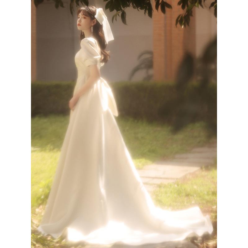 French Light Wedding Dress 1011 New Temperament Simple Satin Trailing Wedding Dress Return Door Dress Studio Photography Wedding Dress