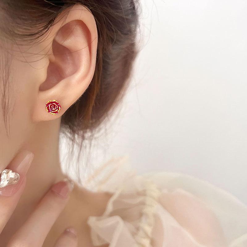 Stud Earrings Red Rose Niche Design French Retro Personality Student