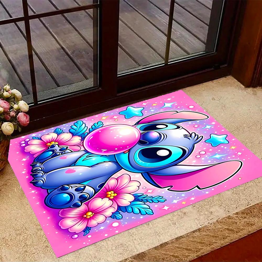 Pink Stitch Heart Background Disney Cartoon Theme Anti-Slip Rug - Polyester, Home Decor, Suitable for Bedrooms, Living Rooms, Doorways, and Studios