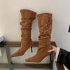 Strap metal buckle pointed high heel boots autumn and winter wrinkled high boots Maillard stacking boots