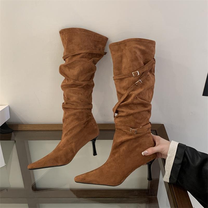 Strap metal buckle pointed high heel boots autumn and winter wrinkled high boots Maillard stacking boots