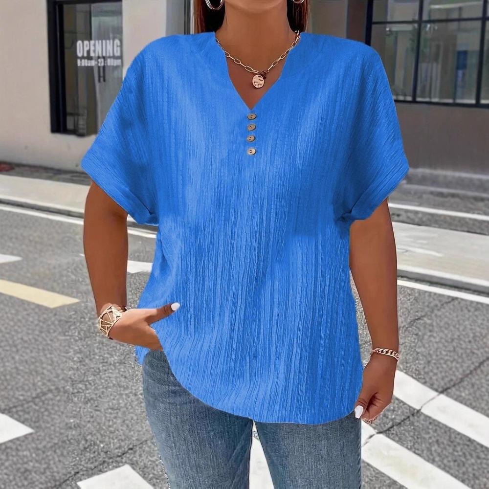 Dámské letní tričko s krátkým rukávem ve větší velikosti, jednobarevné, s knoflíkem, elegantní ležérní tričko