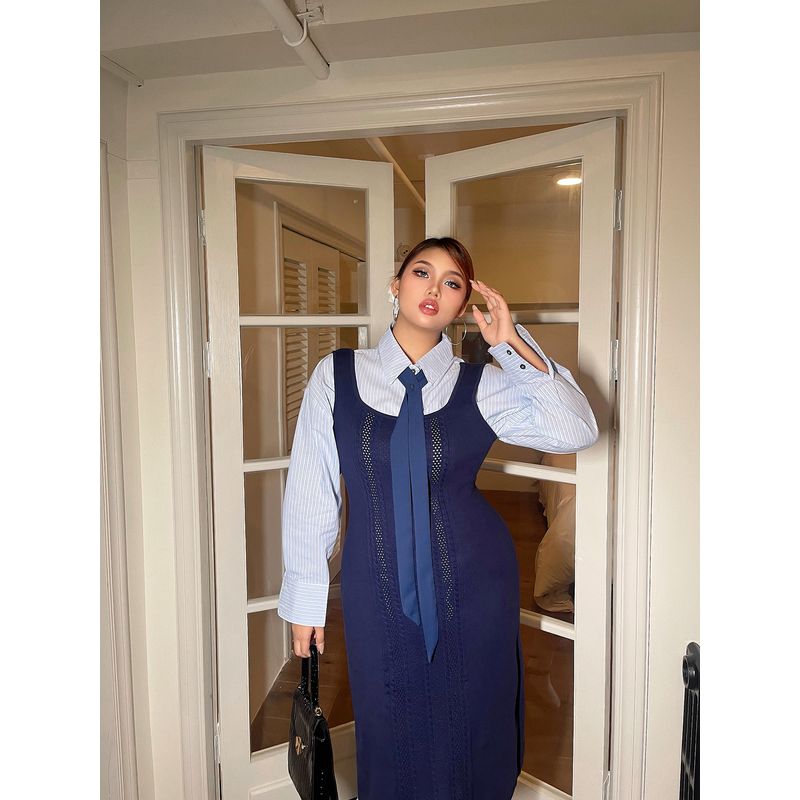 

Brother Nan Loose-Fit Sexy Knitting Sling Dress Women s Autumn New Arrival Plus Size Stretch Silm Plus Size Ladies Sweet and Spicy Suit Shirt 2XL