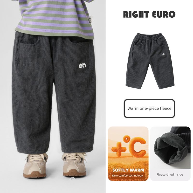 Right European Style Boys' R Series Thickened Trousers with Fleece, Warm Casual Pants, New Winter Children's Clothing for Babies