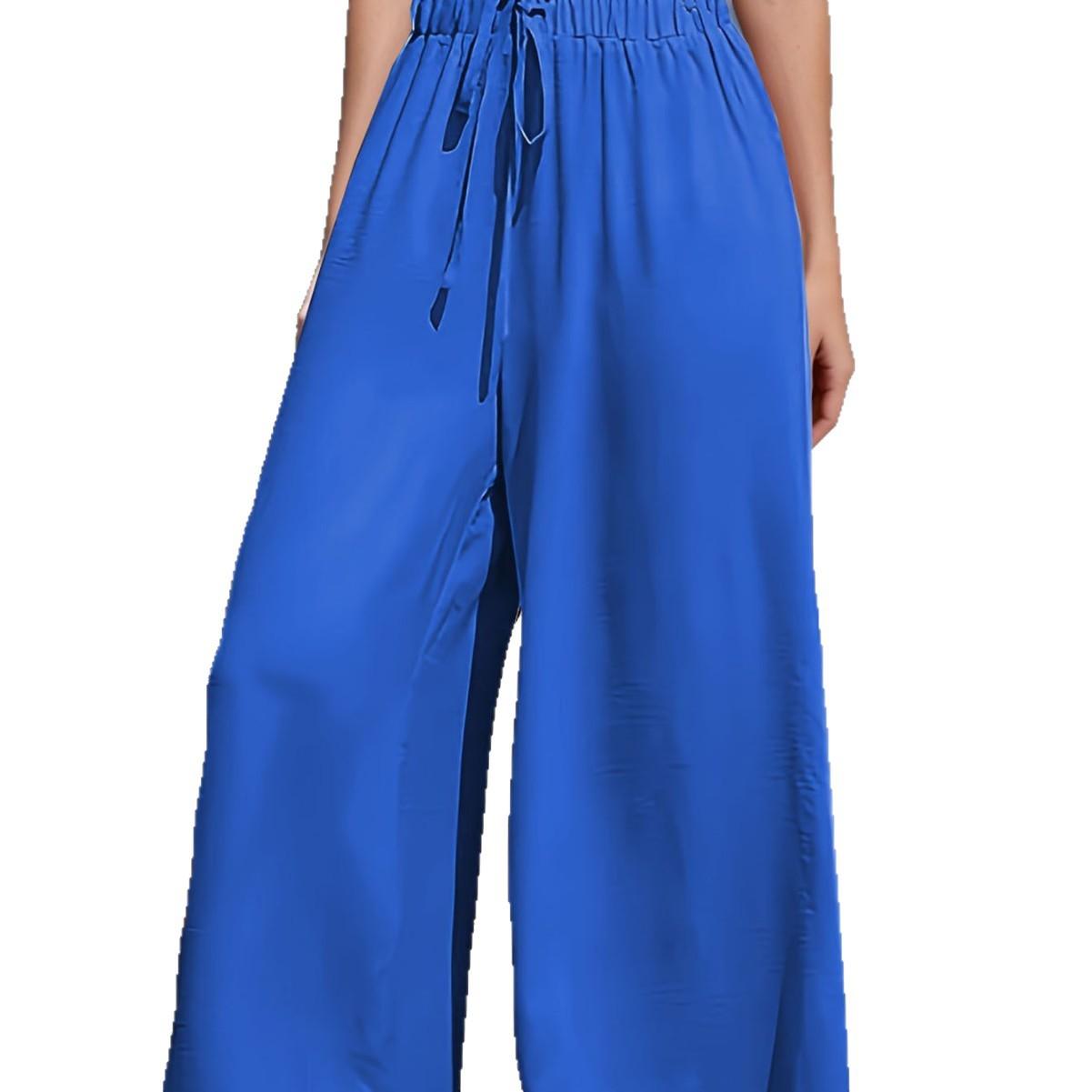 Women Navy Blue Elastic Waist Drawstring Pocketed Wide Leg Palazzo Pants S