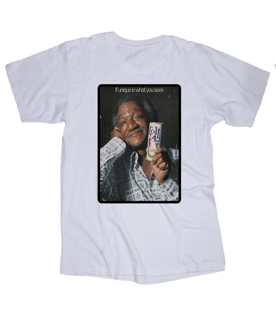 

Vintage Beer ad 1974 COLT 45 Redd Foxx reproduction white T-shirt Sanford Sons S