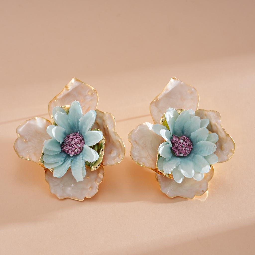 Colorful Drip Oil Fabric Flower Stud Earrings for Women Girls Vintage Exaggerated Drop Earring Vacation Jewelry Accessory