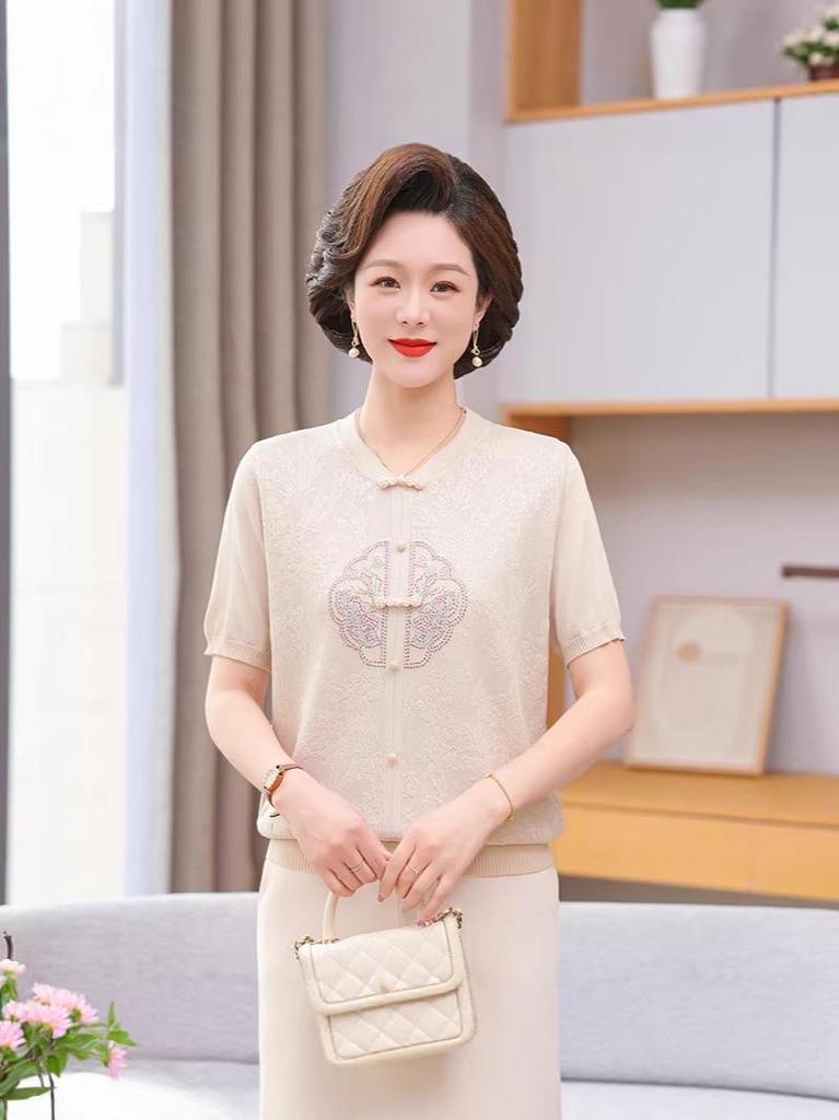 2026 New Chinese Style Ice Silk Short Sleeve Top for Middle-aged and Elderly Women