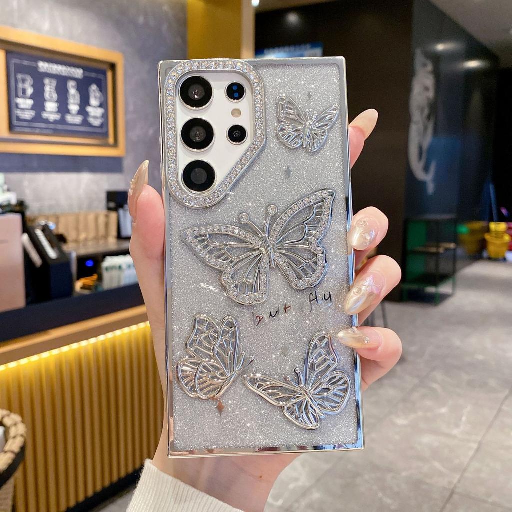 Suitable for Samsung S25 Ultra Mobile Phone Case Electroplated Flash Powder Rhinestone Butterfly S24 Anti Fall A26 Anti Fall Soft Case
