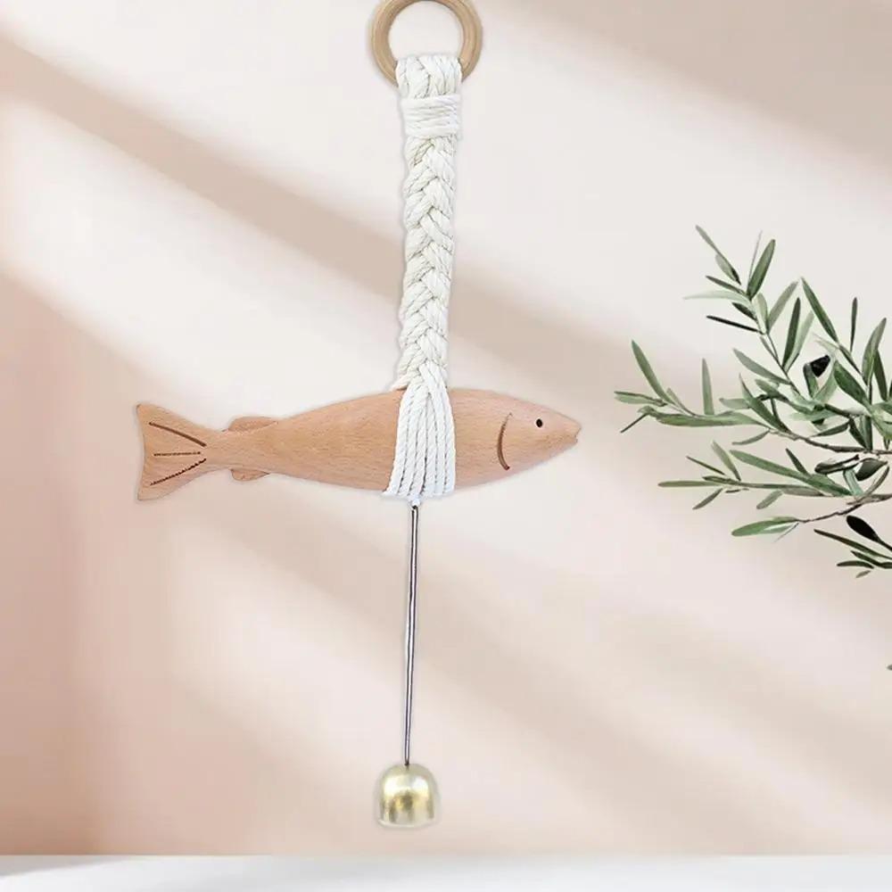Hand Carved Wood Fish Sculpture With Bell Nautical Pendant Ornament  Garden Patio