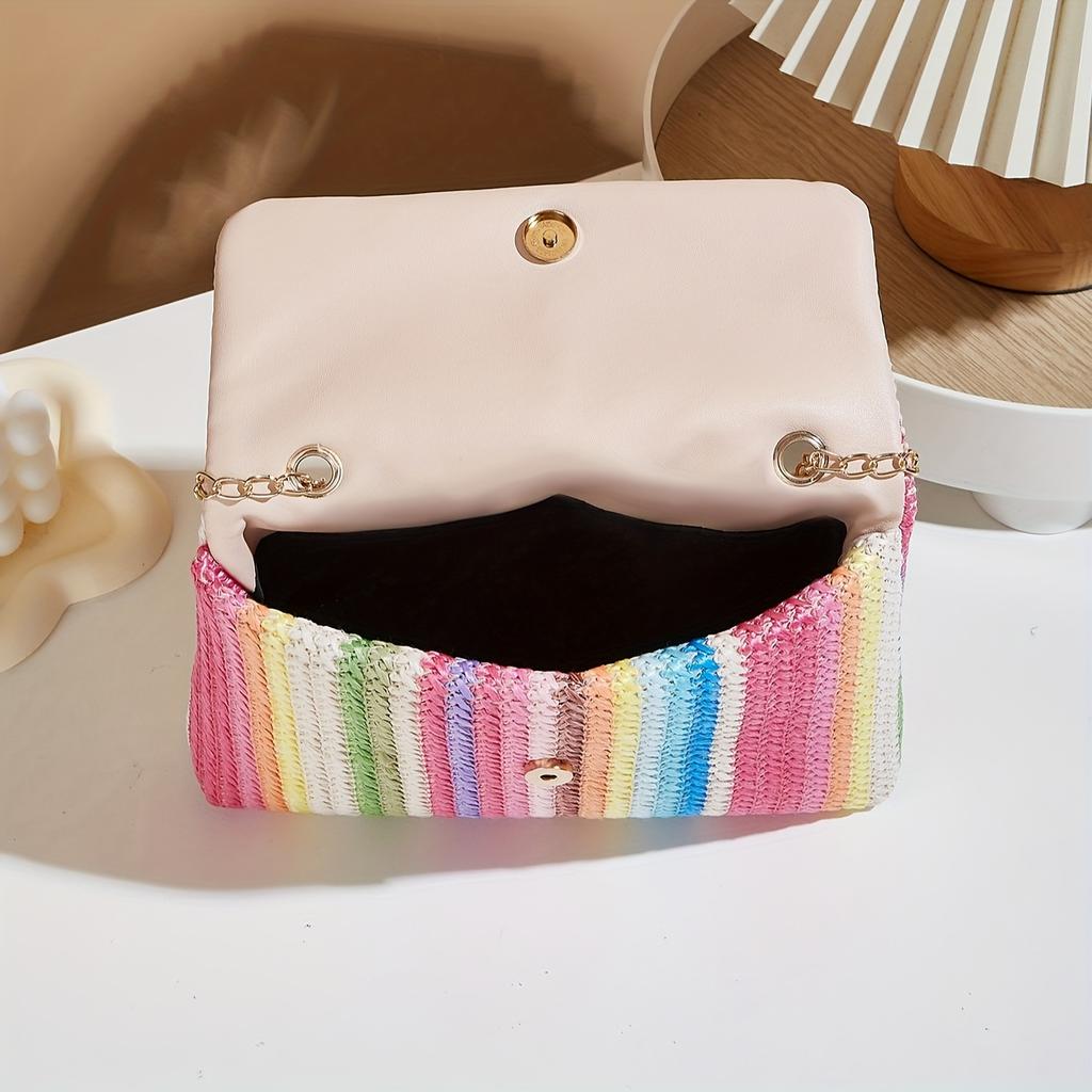 Bunte gestreifte gewebte Umhängetasche für Damen, Elegante Handtasche mit abnehmbarem Riemen, Regenbogenstreifenmuster, Umhängetasche, Kleine Crossbody-Tasche