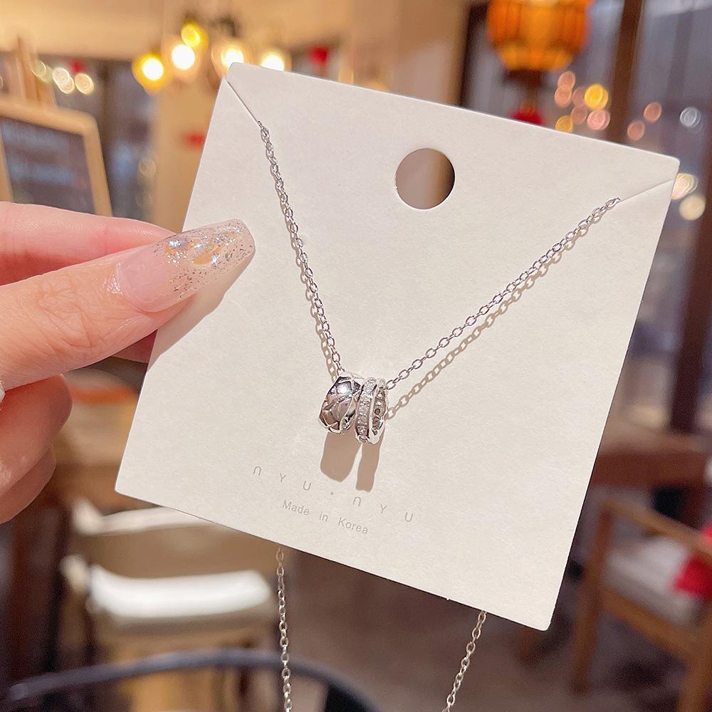 CZ Barrel Pendant Necklace, Dainty Double Bead Chain for Women