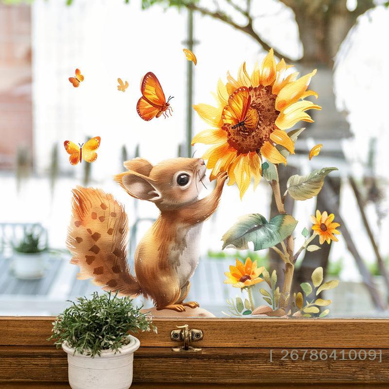 Squirrel & Sunflower Wall Decal,Watercolor Squirrel with Butterfly Window Sticker for Kids Room,Living Room & Kitchen Decor