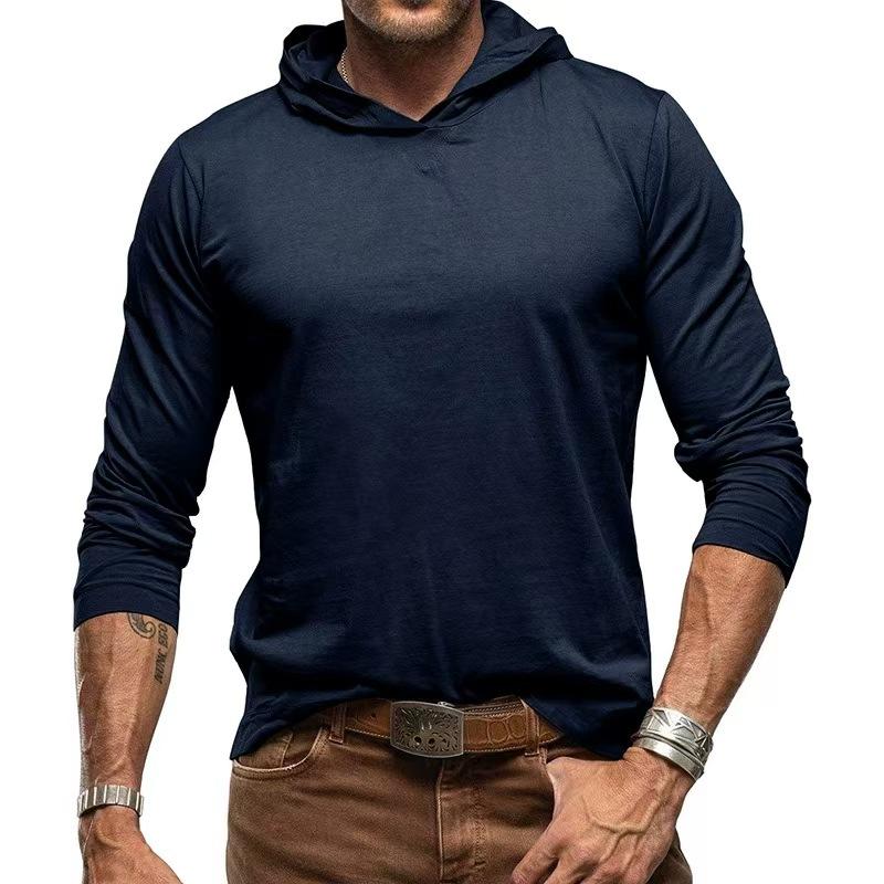 Spring Autumn Loose Casual Solid Color Hooded Tee Male Long Sleeve Pullover Cotton Top Men All-match Tee