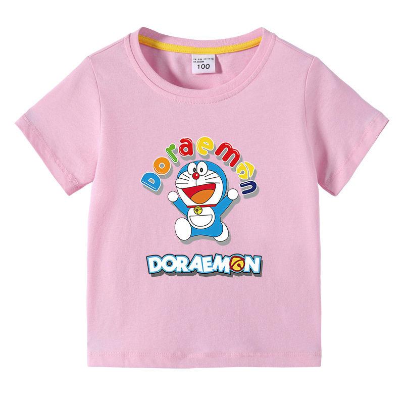 Doraemon Childrens Summer Clothing  Pure Cotton Breathable Top for Kids  Short Sleeve Ding Dong Cat Fashion Tshirt