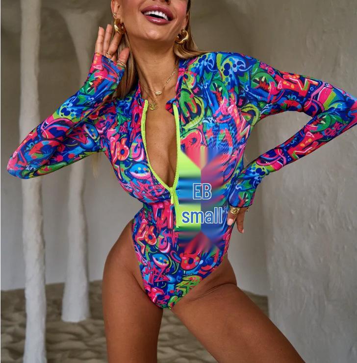 Women's Printed Mesh Zipper Long Sleeve One-Piece Swimsuit