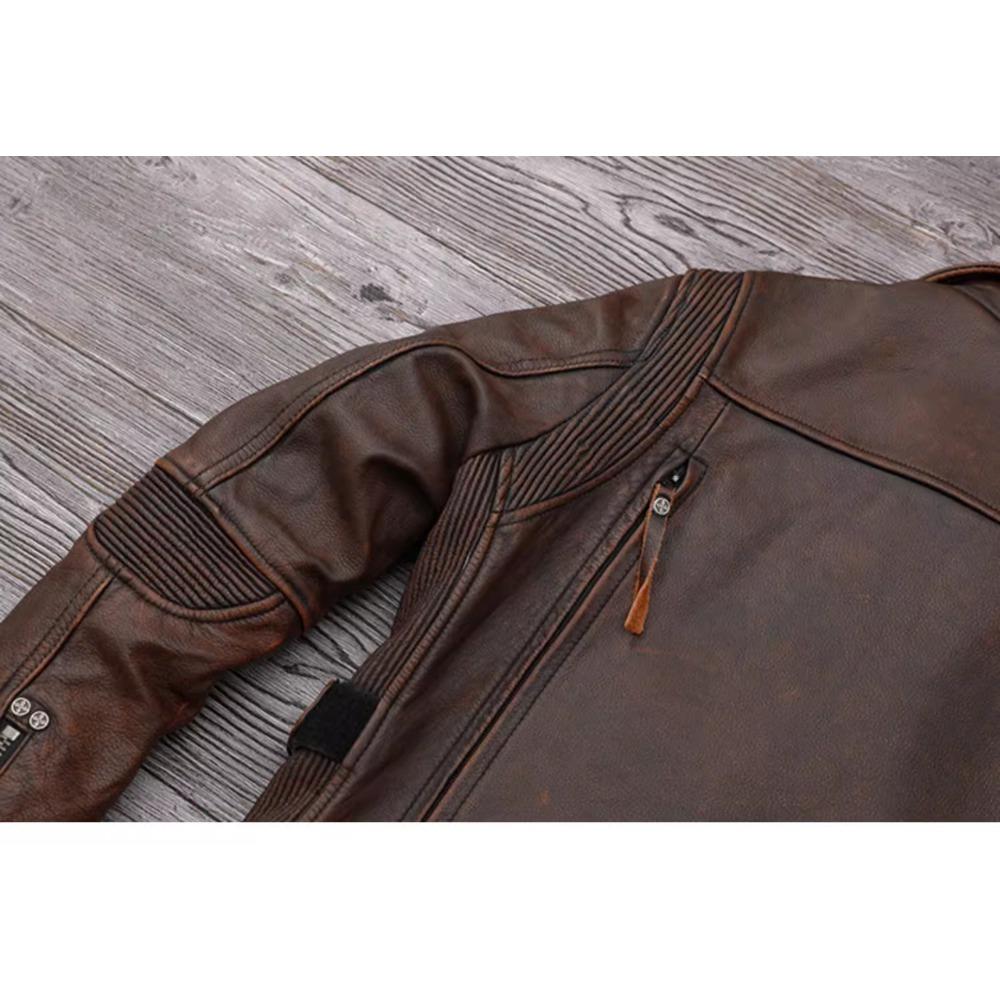 Chinese Size Heavy Motorcycle Jacket Natural Cowhide Leather Top Layer Brown Causal Vintage Retro Moto Suit Leather Coat Winter