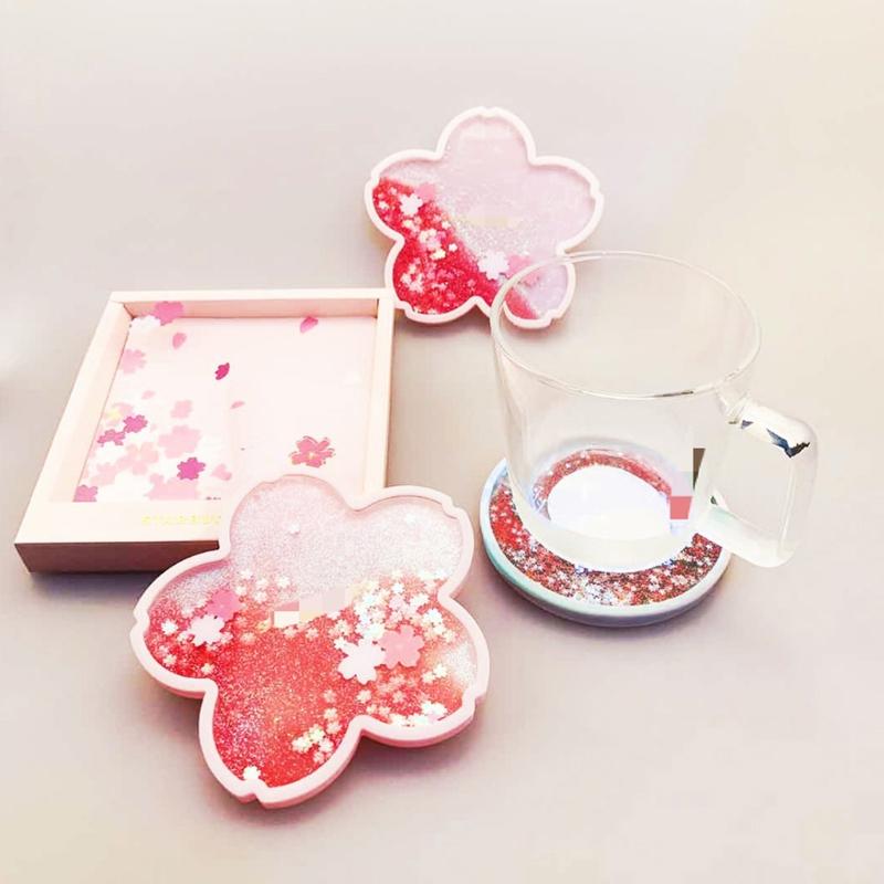 Glitter Coasters Cute Coasters for Drinks Ocean Rainbow Sakura Coasters With Glitter Quick Sand Flowing Drink Coasters