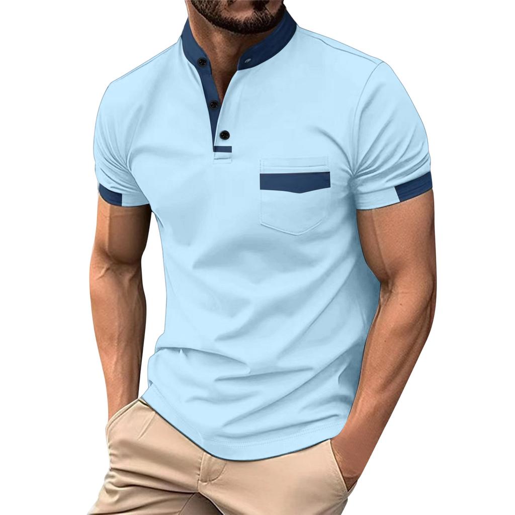 Men's Summer Shirt Color Patchwork 3 Button Sports Shirt Top