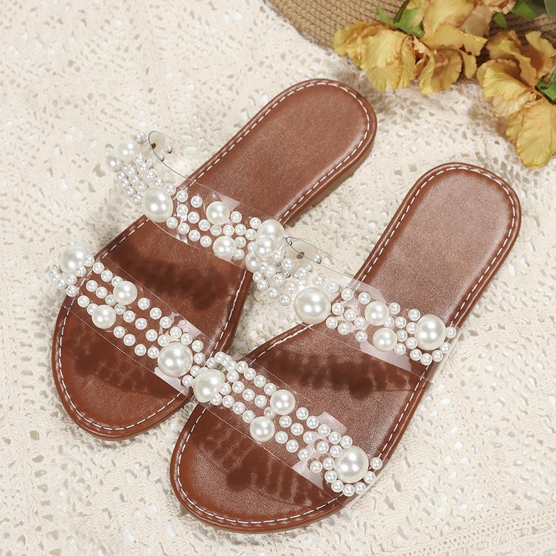 Foreign Trade Large Size Flat-bottomed Slippers Women's 2025 Summer New Round Head Pearl One-word Outer Wear Casual Beach Cool Slippers
