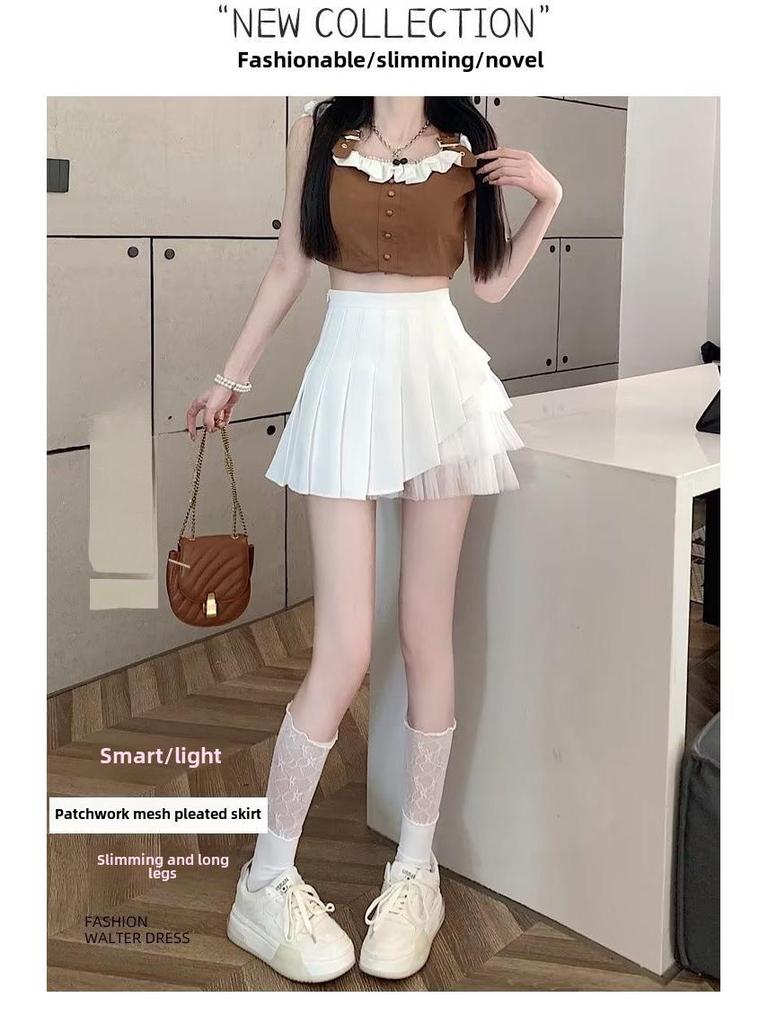 High-Waist Mesh Pleated A-Line Skirt: Sweet & Spicy Summer Style for Petite Women