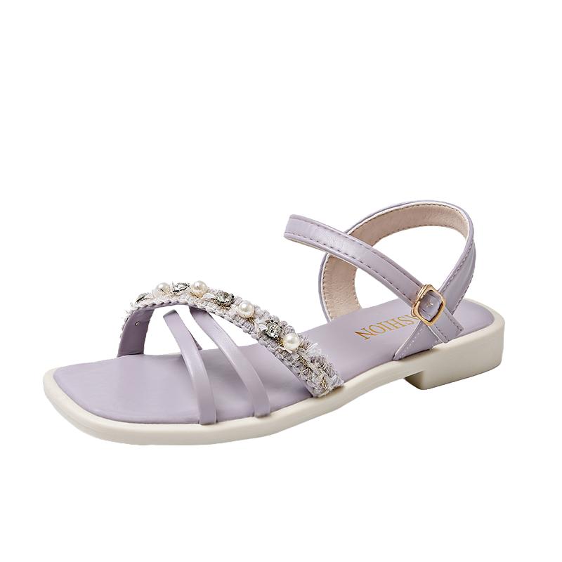 Fashion Women's Summer Sandals Fashion Square Head Shallow Mouth Crystal Thin with Soft Sole Anti-slip Wear-resistant Low Heel Shoes