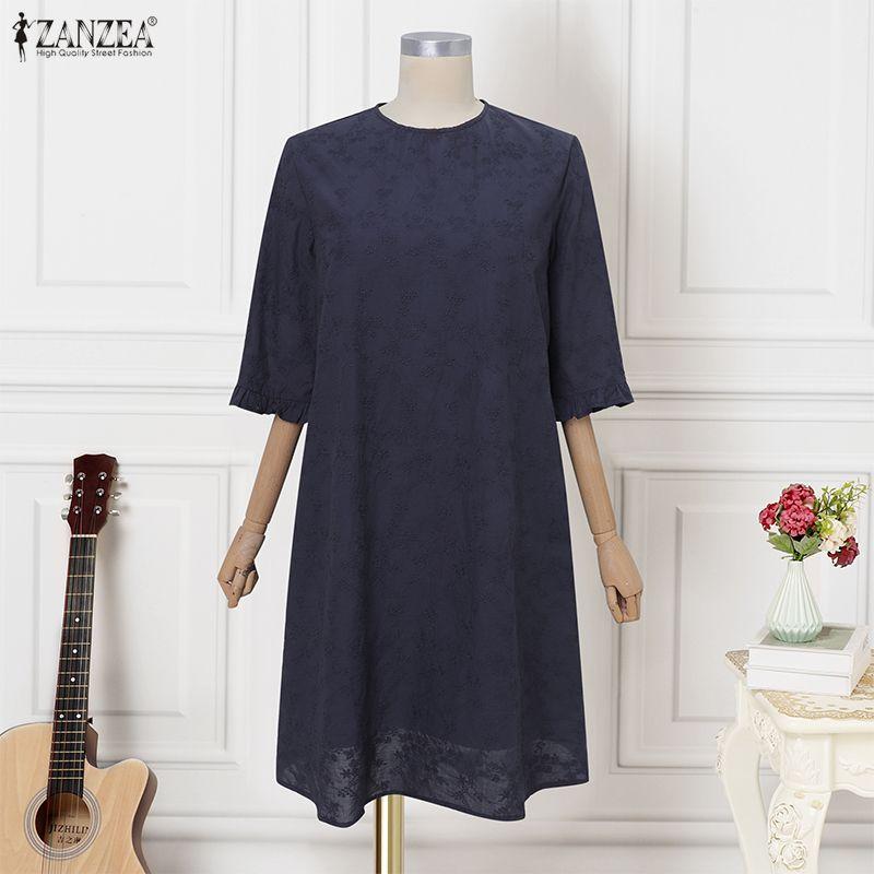 ZANZEA Damen Lässig Rundhals Sommer Halbarm Patchwork Kleid