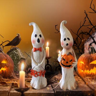 Yousheng Ghost Figurine Resin Ghost Ornament with Pumpkin Desktop Ghost Sculpture for Halloween Party Table Centerpiece Mantel Cabinet Decoration
