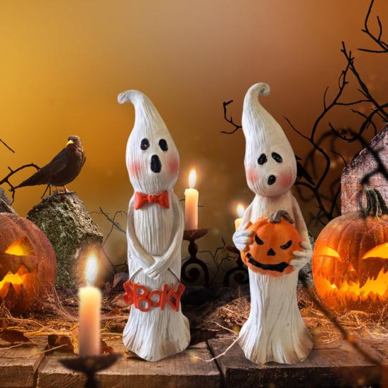 

Ghost Figurine Resin Ghost Ornament with Pumpkin Desktop Ghost Sculpture for Halloween Party Table Centerpiece Mantel Cabinet Decoration A