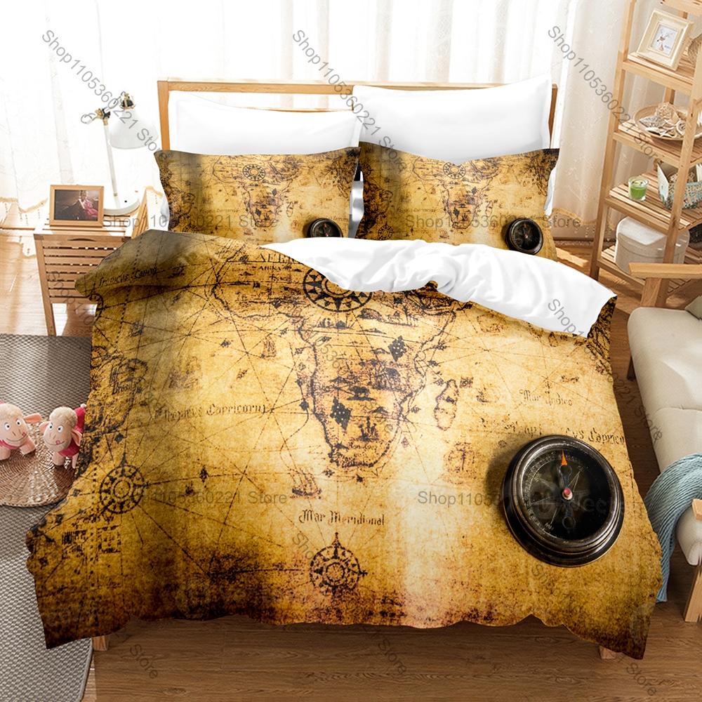 Set Biancheria da Letto Bussola Mappa Retro, Copripiumino + 2 Federe, Lenzuola Grafiche Classiche di Navigazione
