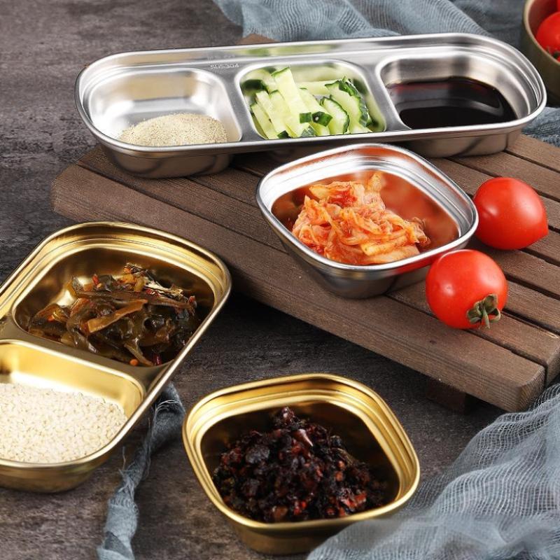 Talerz obiadowy ze stali nierdzewnej 304 w stylu koreańskim, złoty talerzyk do maczania, talerzyk na sos, naczynia stołowe do grilla, wielofunkcyjne naczynia stołowe