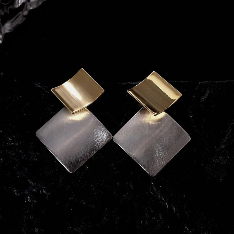 Real gold electroplated silver needle brushed rhombus earrings fashion high-end stud earrings new temperament earrings