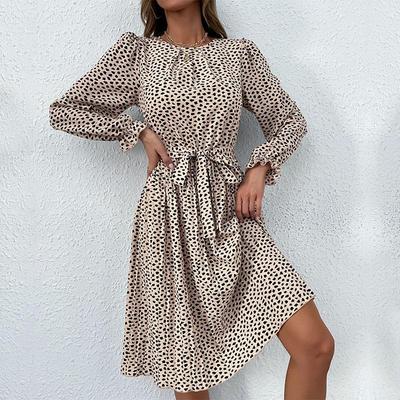 Damen-Kleid mit O-Ausschnitt, langen Ärmeln, Herbst-Spitzendruck, hoher Taille, All-Match-Kleid