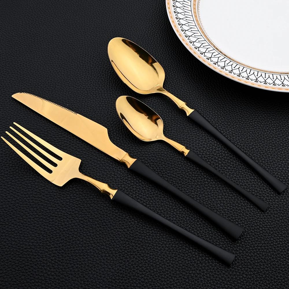 16Pcs Cutlery Set Stainless Steel Golden Dinnerware Western Silverware Set Mirror Flatware Western Dinning Kitchen Tableware