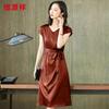 Hengyuanxiang Elegant Slim Fit V-Neck Short Sleeve Silk Dress