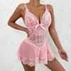 Kadın Seksi Fiyonklu Şeffaf File Babydoll Gecelik Gömlek V Yaka Pijama Takımı G-String Tanga Setli Çiçekli Dantel Boudoir Kıyafetleri